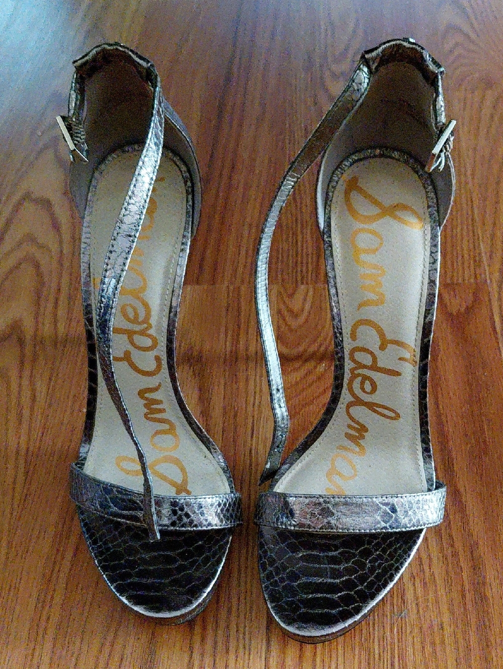 Sam Edelman Metallic Snake-Print Ankle Strap Heels in Silver
